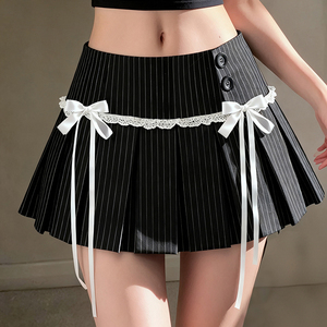 Mini-jupe plissée rétro britannique à rayures noires et blanches pour femme, avec nœud papillon, coupe trapèze ajustée - Product Image 4