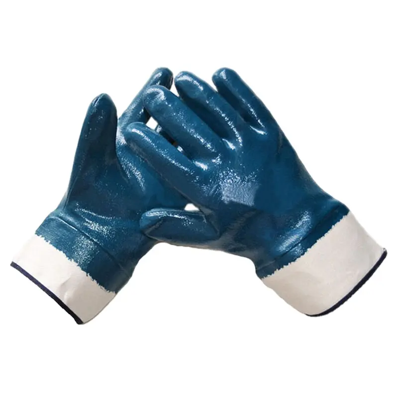 Guanti rivestiti in gomma da lavoro in cotone antiscivolo in Nitrile blu guanti industriali di sicurezza in Nitrile resistenti all'olio