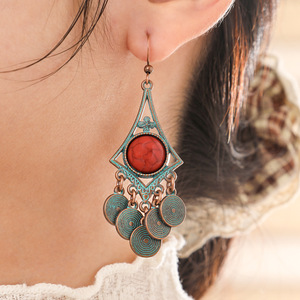 Bohemian Copper Alloy Drop <b>Earrings</b> Geometric <b>Red</b> Stone Bezel Setting Women's Fashion Dangle <b>Earrings</b> - Product Image 1