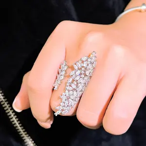 Shimmering White CZ Silver Plated Brass Cocktail Exaggerated Big Bold Adjustable Wedding Ring for Female Fashion Finger Jewelry