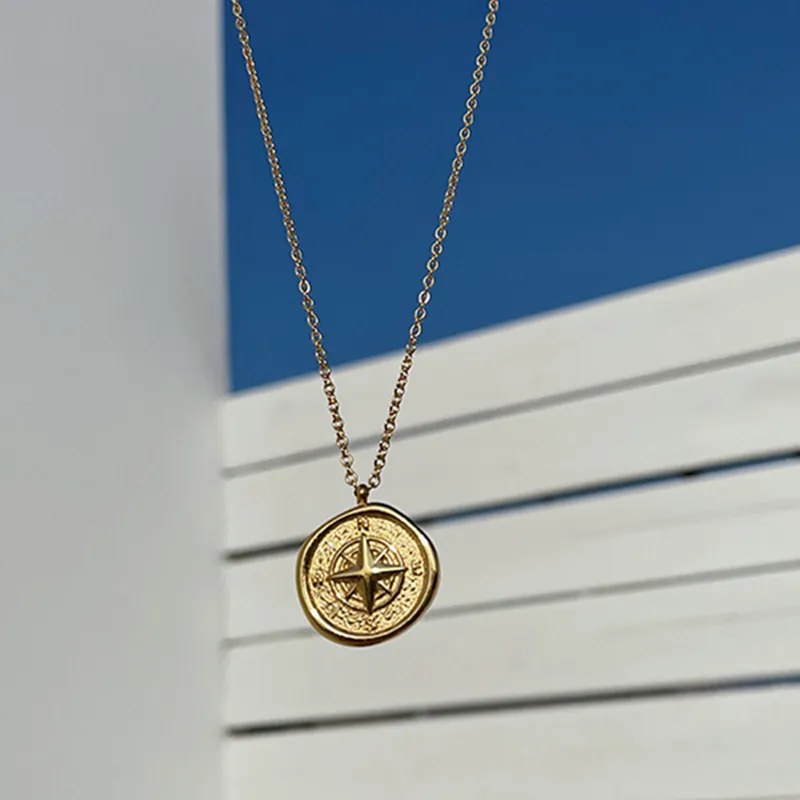 MICCI Jewelry Nordic Antique Style Stainless Steel PVD Plated 18K Gold Irregular Coin Disc Compass North Star Pendant Necklace