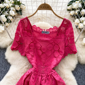 Nouvelles Robes Courtes Élégantes Haut de Gamme pour Femmes, en Dentelle Crochet Creuse, à Manches Courtes et Taille Cintrée, Tendance - Product Image 6