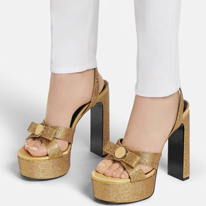 Sandales à plateforme épaisse pour femmes, talons hauts et épais, lanières à la cheville, nœud avant, chaussures d'été ornées de diamants, couleurs personnalisables - Product Image 1