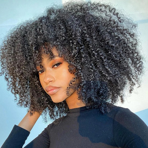 Abordable haute densité <span class=keywords><strong>Afro</strong></span> crépus bouclés perruque avec frange Non dentelle couleur naturelle vierge perruques de <span class=keywords><strong>cheveux</strong></span> humains en gros court Bob perruques - Product Image 3