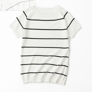 Maglione lavorato a maglia da donna, <span class=keywords><strong>pullover</strong></span> estivo sottile, t-shirt a maniche corte a righe bianche e nere - Product Image 1