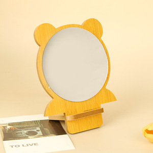 Wooden Bear Shape Makeup <b>Mirror</b> Desktop Portable Small Round <b>Mirror</b> Simple Design High Definition <b>Mirror</b> For Daily Use - Product Image 1