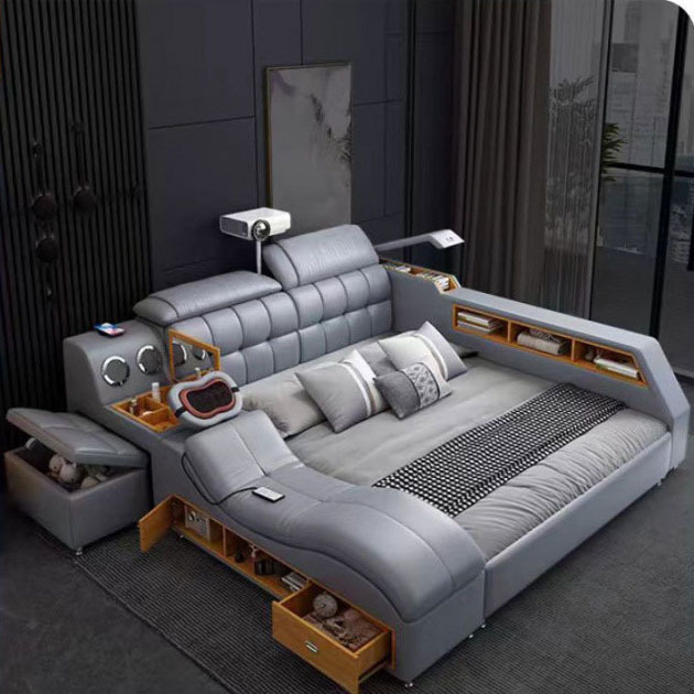 Modern Smart Furniture Leather Upholstered Bed With Storage King Queen Size Massage Multifunctional Smart Bed Luxury