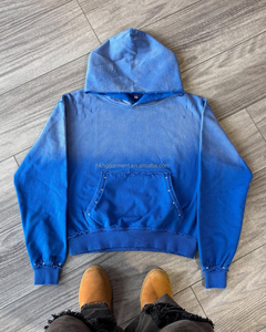 Fabricantes OEM de sudaderas con capucha de estilo urbano, con pedrería, de gramaje alto, oversize, con efecto descolorido por el sol, vintage, con lavado ácido y desgastadas, en azul - Product Image 1