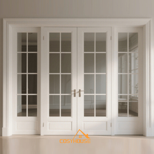 <span class=keywords><strong>Porte</strong></span> intérieure <span class=keywords><strong>coulissante</strong></span> française à 4 panneaux blanche avec grilles en verre, design moderne de séparateur de pièce pour appartement, salon et maison - Product Image 2