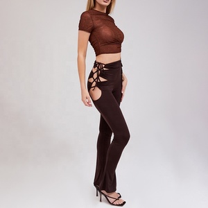 Chocolate <strong>Jersey</strong> Cutout <strong>Trousers</strong> Aesthetic <strong>Ladies</strong> Fashion Pants - Product Image 2