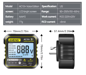 เครื่องทดสอบเต้ารับ ANENG AC10+ พร้อมระบบแจ้งเตือนด้วยเสียง  สำหรับเต้ารับแบบ US/EU  ค้นหาวงจรไฟฟ้าแบบ Zero Fire Line และเบรกเกอร์ - Product Image 3
