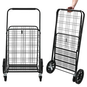 Chariot d'épicerie portable en fer, grand panier de supermarché en acier <span class=keywords><strong>antirouille</strong></span>, voiture de marché domestique télescopique noire, vente en gros - Product Image 2