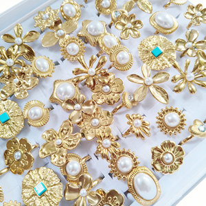 Matte Gold Floral Pearl Statement <b>Rings</b> For Women <b>Adjustable</b> Open Stainless Steel Oversized Petal Finger <b>Rings</b> European Vintage - Product Image 2