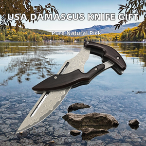 Cuchillo de bolsillo industrial de acero inoxidable Damasco para envío a EE. UU., mango de madera natural de sándalo amarillo, punta caída de 19 cm, para exteriores - Product Image 2