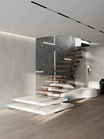 Escalier suspendu moderne en pierre frittée/bois de chêne avec marches flottantes pour maison minimaliste sur mesure