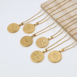 Zodiac Pendant Necklace 18k Titanium Steel Round Constellation Design Women's Everyday Wear Jewelry - Product Image 1