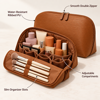 Sac de maquillage en cuir PU imperméable personnalisé avec logo OEM ODM, grande capacité, organiseur de cosmétiques de voyage, porte-pinceaux, pochette de toilette à fermeture éclair