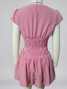 Vestido Mini de Verano Informal de Moda para Mujer, Color Rojo, Estampado a Cuadros, con Cordones, Manga Corta y Fruncido - Product Image 6