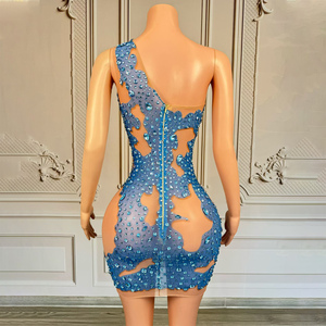 Novance Y5196 Toptan Ürünler Tek Omuzlu Lüks Kokteyl Parti Elbiseleri Kadınlar İçin Parlak Mavi Taşlı Kısa Elbise - Product Image 3