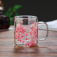 Cangkir kaca minum dua lapisan, aksesori rumah cangkir kaca bunga dengan pegangan dinding ganda cangkir kopi rumah