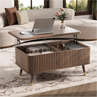 Table basse relevable avec étagère de rangement et compartiment caché, table à manger rectangulaire cannelée de style moderne du milieu du siècle pour le salon