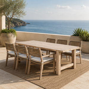 Set <span class=keywords><strong>Tavolo</strong></span> e Sedie in Legno Massello di Teak per Esterni, <span class=keywords><strong>Design</strong></span> Nordico Moderno con Finitura Impermeabile per Cortile, Villa, Terrazza, Giardino - Product Image 1