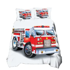 Firefighter Truck Duvet Cover King/Queen Size Car Bedding Set for Kids Boys Girls Fire Engine Polyester Quilt Cover Red Firemen