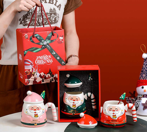 Christmas Santa <b>Ceramic</b> <b>Mug</b> With <b>Lid</b> Handle Cartoon Design Gift Box Set - Product Image 1