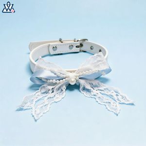 Collar para mascotas con lazo y encaje de perlas, ajustable para gatos, perros de raza pequeña, estilo elegante, color azul claro, rosa, color sólido - Product Image 4