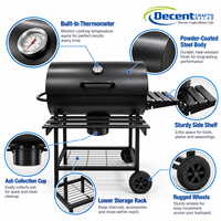 Barbecue au charbon de bois en forme de tonneau avec couvercle noir mat, thermomètre, étagère avant, table latérale, roues et bac à cendres