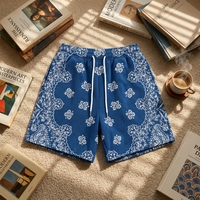 Shorts en tissu tissé élastique taille mi-haute, anti-plis, brodés, style urbain, patchwork bleu-rouge chaud, en tissu peigné