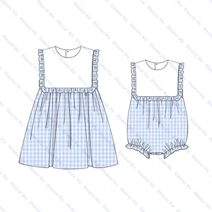 Vestido de bebê com babado e manga solta para meninas e crianças, com monograma azul claro, combinando com as crianças, vestido de verão sem mangas para bebês