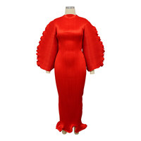 Robe longue plissée unie pour femme, col rond, manches lanternes, coupe sirène moulante, idéale pour soirée, mariage ou fête