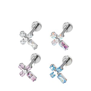 Clous d'oreille croisés en alliage de titane avec zircon et cristal, bijoux de piercing pour oreille et lèvre, cadeau ASTM F136 - Product Image 5