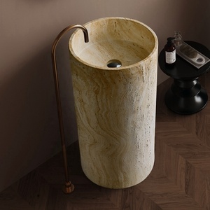 Lavabo de Baño Independiente Estilo Wabi Sabi - Lavabo <span class=keywords><strong>con</strong></span> <span class=keywords><strong>Pedestal</strong></span> de Piedra Artificial Artística de Travertino Amarillo - Product Image 3