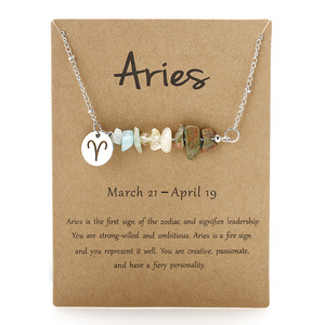 Stainless Steel Natural Stone Link Chain Beaded <strong>Necklace</strong> 12 <strong>Constellations</strong> Zodiac Pendant <strong>Necklace</strong> - Product Image 1
