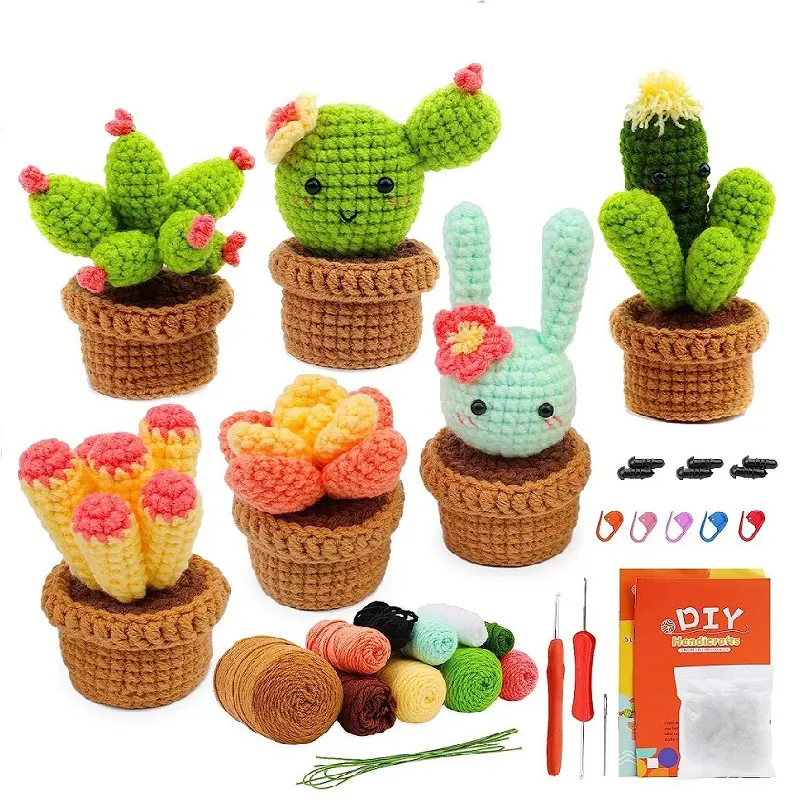 New Hand-Weaved Beauty Artificial Crochet Potted Plant Bouquet Beginner Crochet Kit with Mini Plush Toys Soft Toy Set