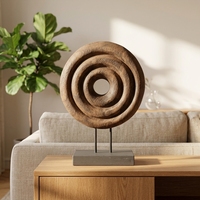 Sculpture circulaire en bois massif sculptée à la main, ornement décoratif en bois ondulé avec support métallique pour la maison