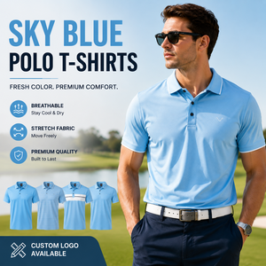 Polo en coton pur de qualité supérieure, à manches courtes, respirant, avec logo brodé personnalisé, bleu ciel, uni - Product Image 1