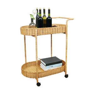 Carrito de Bebidas de Ratán de Doble Capa con 4 Ruedas Giratorias, Carrito de Hotel Color Caqui - Product Image 5