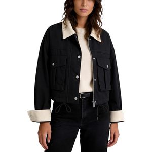 <b>Womens</b> Cropped <b>Jacket</b> Contrast Collar <b>Zip</b> <b>Up</b> Utility Coat With Pockets Autumn Woven Full Sleeve Turn Down Collar - Product Image 1