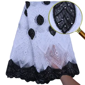 Embroidery Black And White Color Milk Silk Lace Fabric High Quality French Lace Fabric With Beads For Party 1570