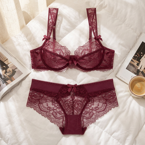 Wholesale Floral Red Lace Lingerie Set Women Underwire <b>Bra</b> and Panty Set Ultra-<b>thin</b> See Through Intimates Plus Size Lingerie Set - Product Image 3