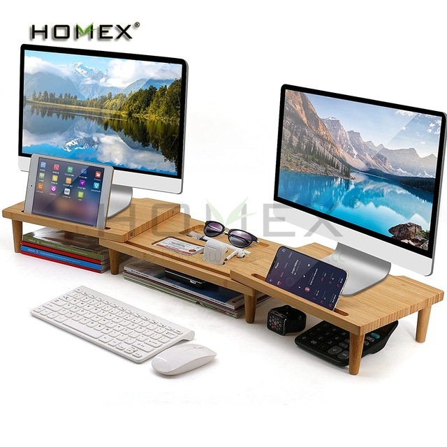 Bamboo Dual Monitor Stand Riser Desk Organizer, Adjustable Length and Angle, Multifunctional Storage Stand/Homex_BSCI Factory