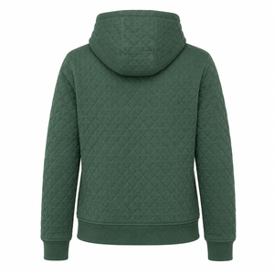 Chaqueta con capucha acolchada verde oscuro para mujer OEM, con cremallera, diseño de diamantes personalizado, estilo casual, tipo sudadera. - Product Image 5