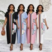 Robe longue Kaftan africaine grande taille pour femme, motif rayé central, patch géométrique contrastant côté droit, infroissable