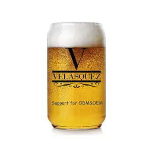 Vaso de cerveza con logotipo personalizado, vaso transparente con tapa de bambú y pajitas de vidrio, 12oz, 18oz, con forma de lata