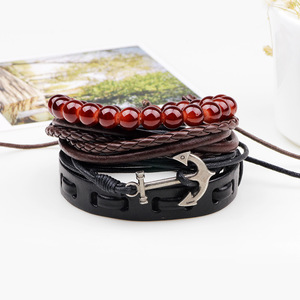 Qinuo Navy Style Cowhide Multi Strap Bracelet Anchor <b>Beaded</b> Jewelry <b>Set</b> For Men - Product Image 4