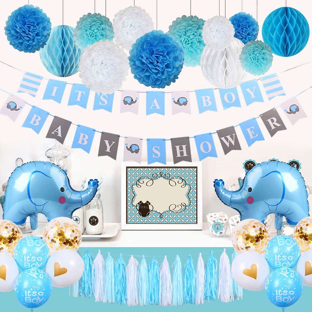 Elephant Baby Shower Decorations Include Its a Boy Party Decor With Tassel  Paper Pom Poms Boy Shower Banners, image size:1000x1000