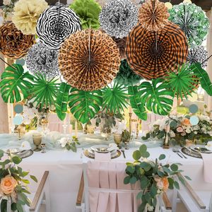 Décorations de fête sur le thème du safari en jungle, éventails suspendus, décorations d'<span class=keywords><strong>anniversaire</strong></span>, feuilles de palmier tropicales, bannière à pois, pompons, fête prénatale - Product Image 3